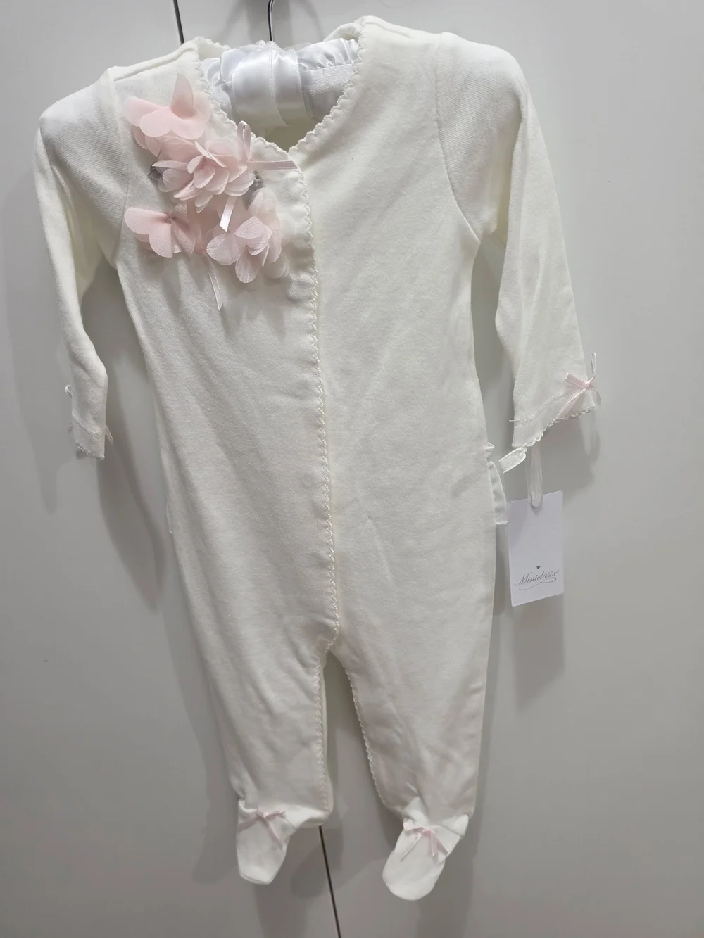 Cream Baby Footed One-Piece with Pink Floral Detail And Tulle Frill At The Back